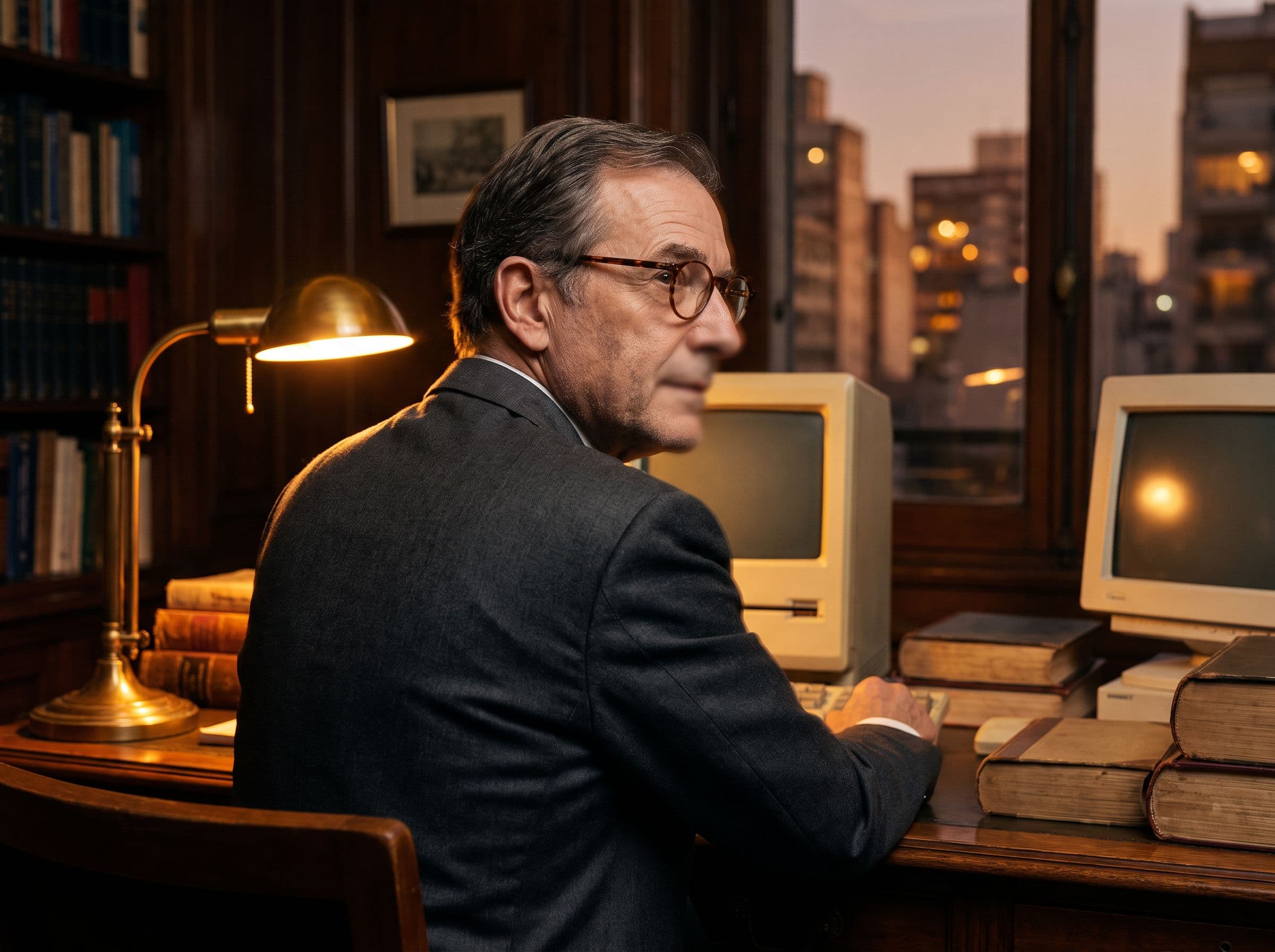Un profesional mayor frente a una computadora antigua en su estudio